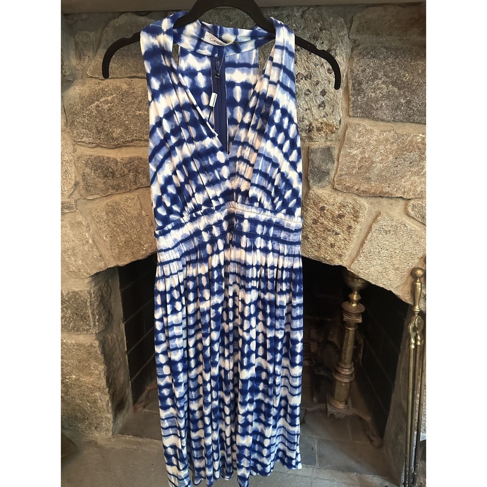 Calvin Klein Dress 4 NWT Blue Tie Dye Pleated Halter Maxi V Neck Wedding Guest S - Picture 2 of 10